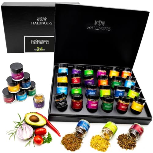 Entdecke die exklusive Hallingers Deluxe Selektion mit 24 handgemachten Gewürzen aus aller Welt - das perfekte Geschenk für den Sommer, zum Grillen oder als Glückwunsch für ein neues Zuhause oder zur Genesung!