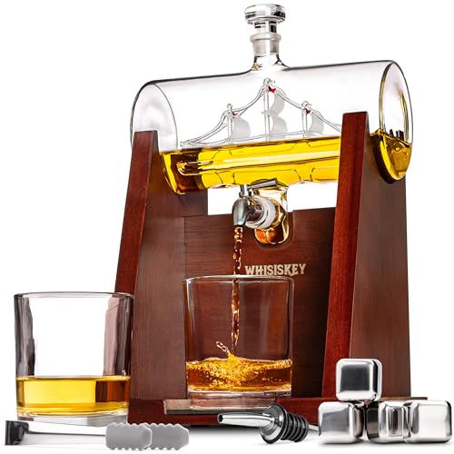 Entdecke das ultimative Geschenk für Whiskey-Liebhaber: Das exklusive WHISISKEY Karaffe Set mit Schiff Dekanter, 2 Gläsern und 4 Whisky Steinen in edler Geschenkbox! Ideal für Geburtstage und besondere Anlässe.